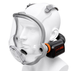 AYO WX FFM-LF loose-fitting full-face mask PAPR system fitted with the P-Boost main unit, shown on a mannequin head