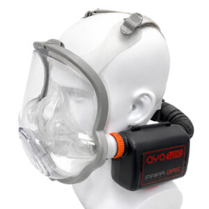 AYO WX FFM-DS double-seal full-face mask PAPR system fitted with the Gas main unit, shown on a mannequin head