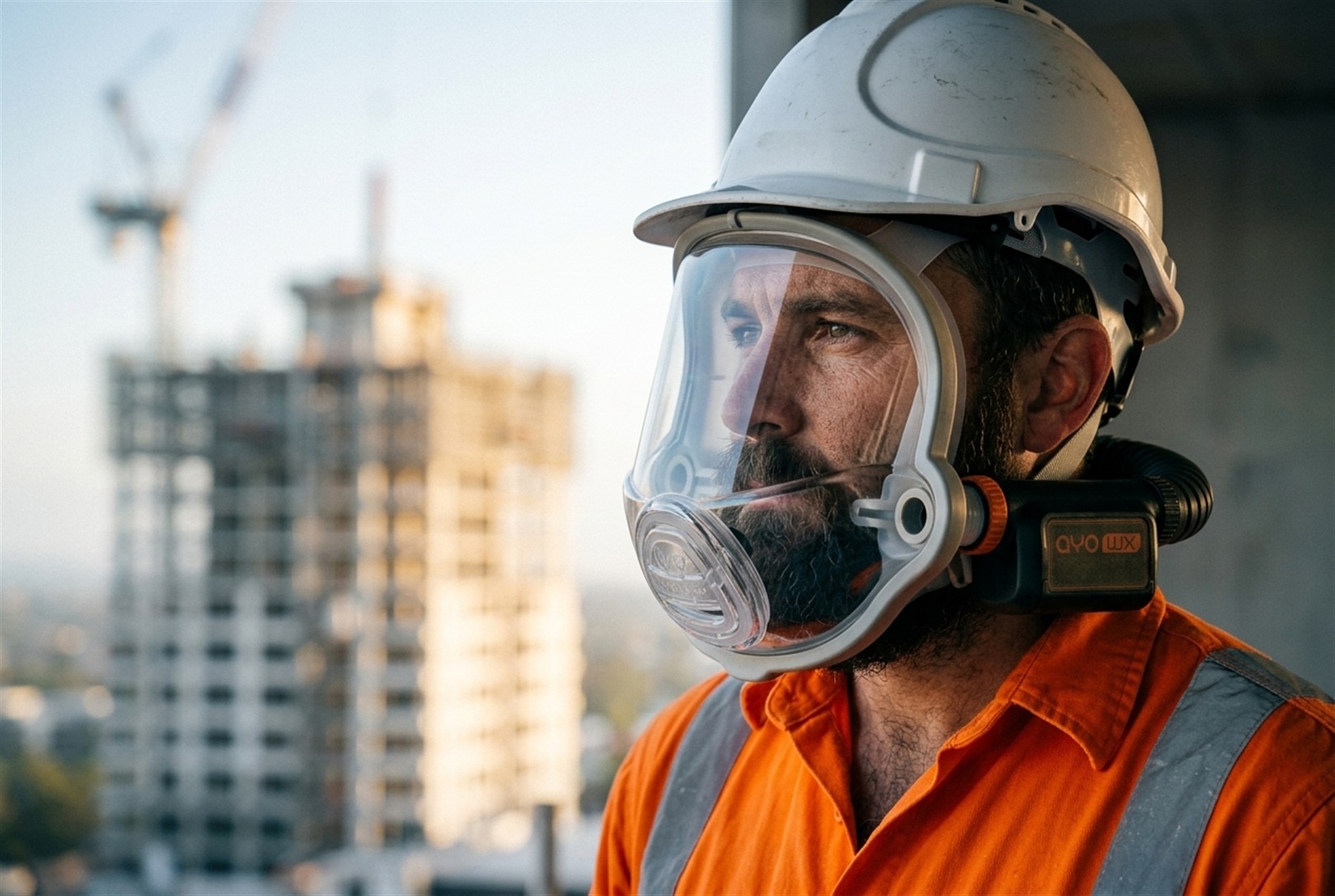 A bearded construction worker on a high-rise site wearing the AYO WX FFM-LF P-Boost loose-fitting full-face powered air purifying respirator under a hard hat
