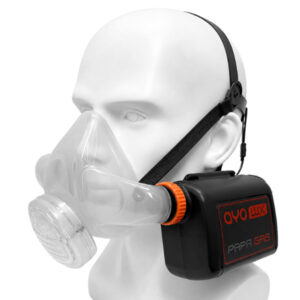 AYO WX HFM-SP speech-enhanced dual-fitting half-face mask PAPR system fitted with the Gas main unit, shown on a mannequin head