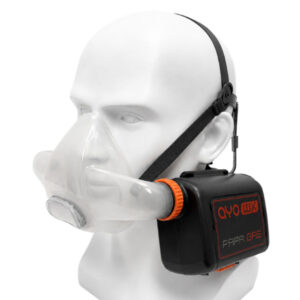 AYO WX HFM Standard dual-fitting half-face mask PAPR system fitted with the Gas main unit, shown on a mannequin head