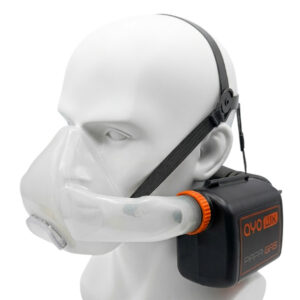 AYO WX HFM-W welding dual-fitting half-face mask PAPR system fitted with the Gas main unit, shown on a mannequin head
