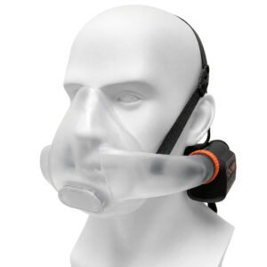 AYO WX HFM-W welding dual-fitting half-face mask PAPR system fitted with the P-Boost main unit, shown on a mannequin head