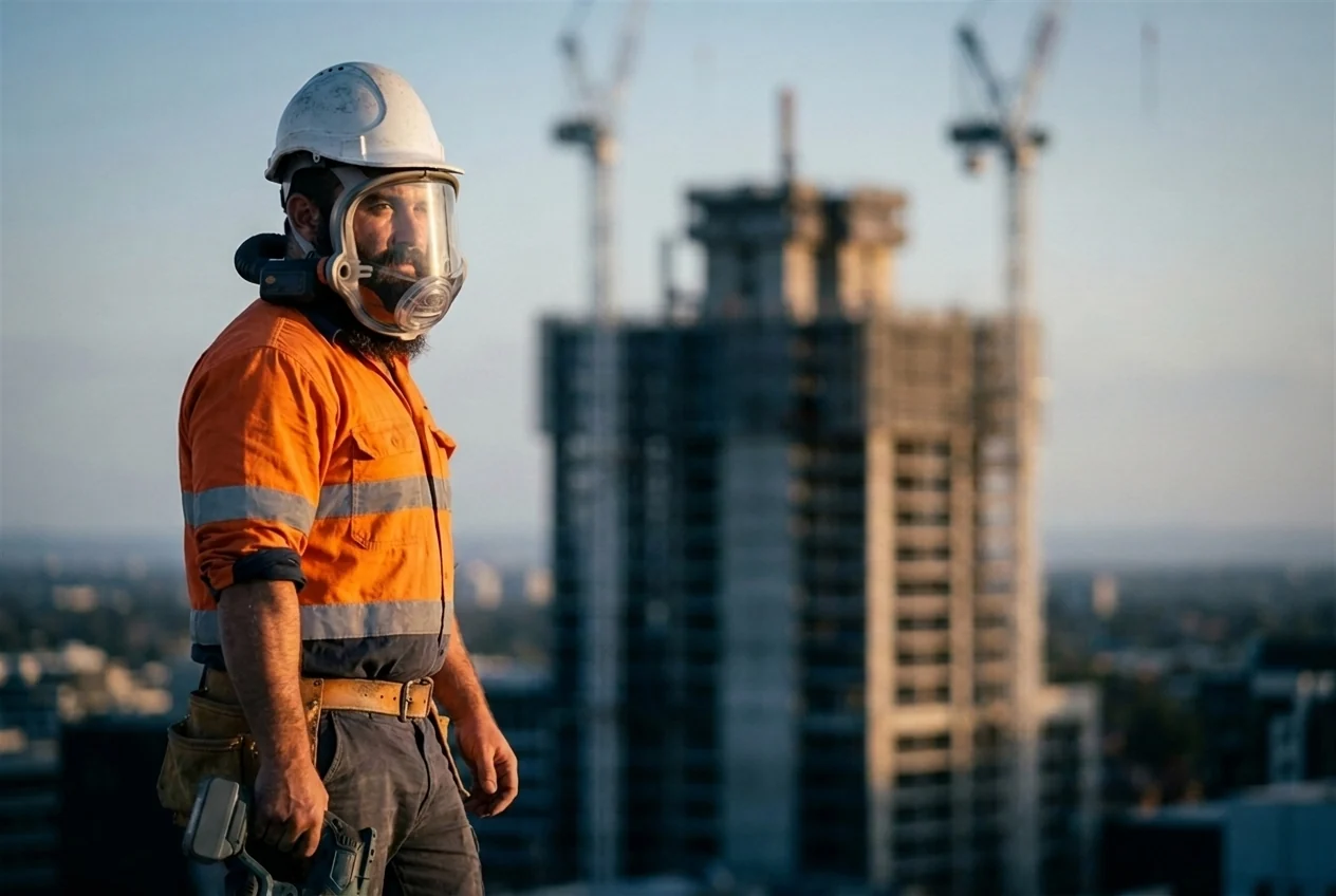 Illustration of a construction worker in hi-vis on a high-rise deck wearing an around-the-neck loose-fitting full-face powered air purifying respirator, with nothing crossing his chest