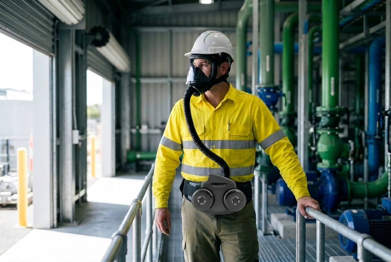 Illustration of a generic waist-mounted powered respirator with a breathing hose running across the chest to a full facepiece, worn by a maintenance fitter in a plant room