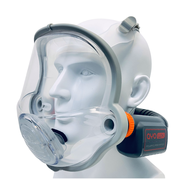 AYO WX FFM-LF loose-fitting full-face mask powered air purifying respirator on a display head