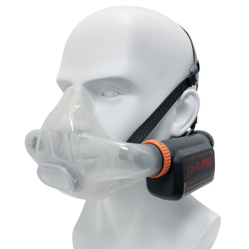 AYO WX HFM standard half-face mask powered air purifying respirator on a display head