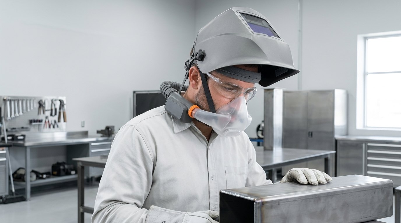 Illustration of a fabrication worker inspecting a completed weld while wearing an around-the-neck powered air purifying respirator