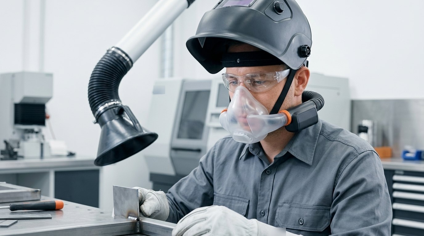 Illustration of an articulated local exhaust ventilation arm over a welding bench, with the fabricator also wearing an around-the-neck powered air purifying respirator