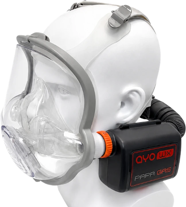 AYO WX FFM-DS double-seal full-face mask PAPR system fitted with the Gas main unit, shown on a mannequin head