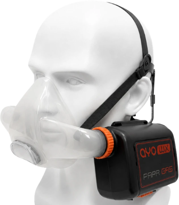 AYO WX HFM Standard dual-fitting half-face mask PAPR system fitted with the Gas main unit, shown on a mannequin head