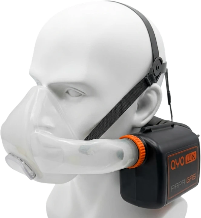 AYO WX HFM-W welding dual-fitting half-face mask PAPR system fitted with the Gas main unit, shown on a mannequin head