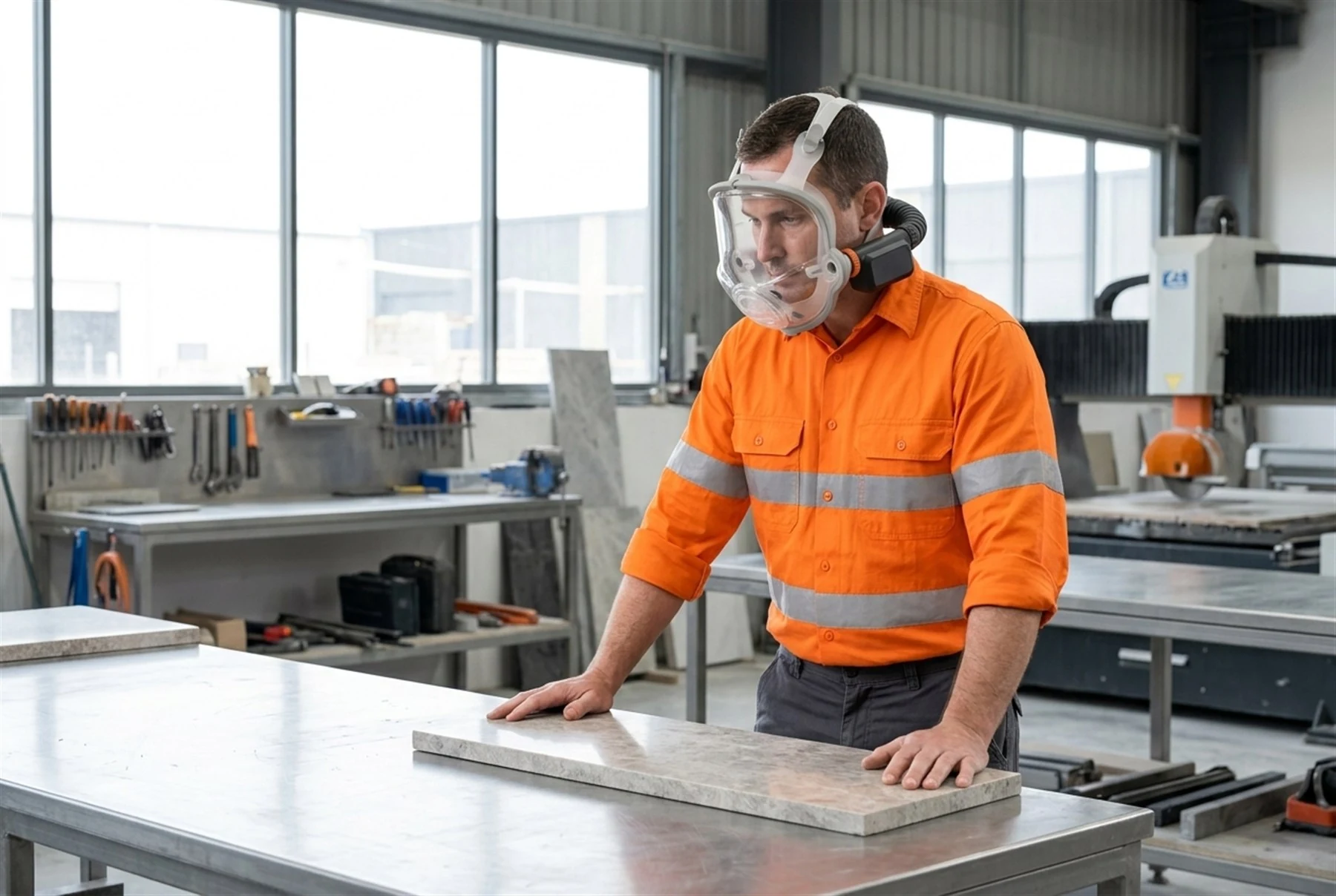 PAPR Training Requirements for Australian Employers Illustration of a stone benchtop worker in a bright, well-controlled workshop wearing an around-the-neck full-face powered air purifying respirator
