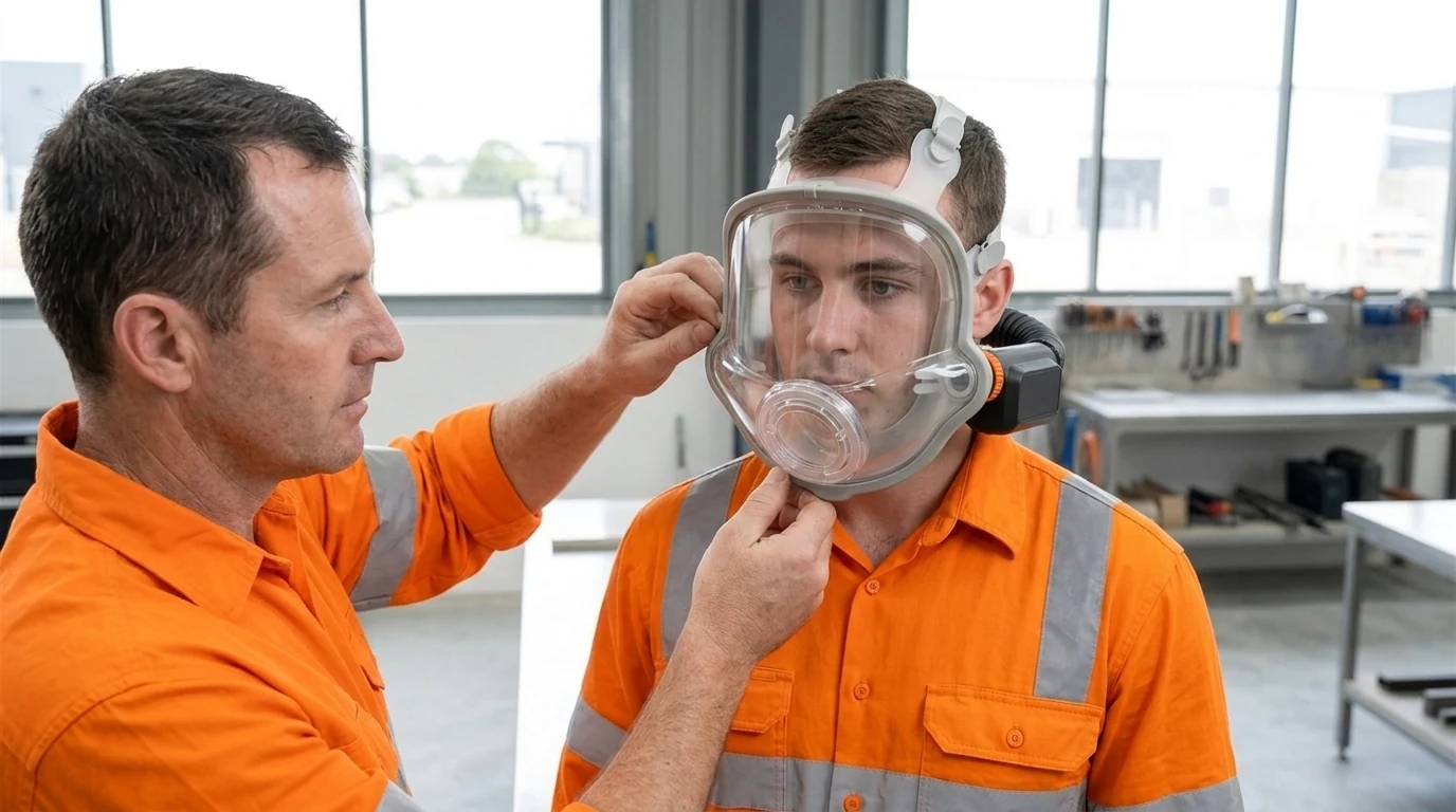 PAPR Training Requirements for Australian Employers Illustration of a supervisor checking the facepiece seal on a worker wearing a full-face powered air purifying respirator