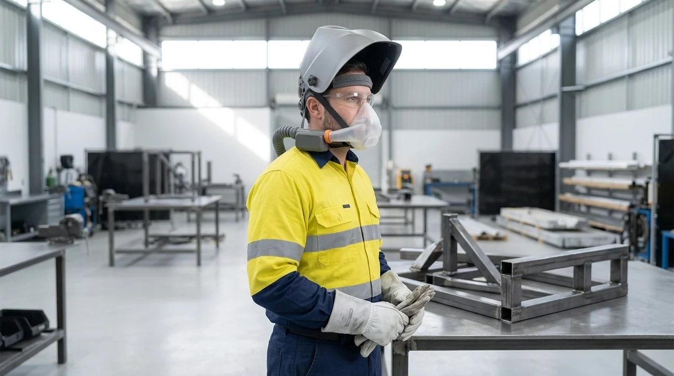 PAPR Training Requirements for Australian Employers Illustration of a fabricator in a bright steel workshop with his welding helmet flipped up and clear safety glasses on, wearing a half-facepiece powered air purifying respirator whose breathing duct runs behind his neck